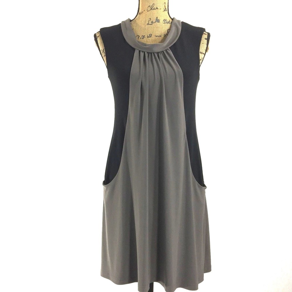 Joseph Ribkoff Dress 4 Black Gray Color Block Keyhole Tie Pocket Jersey Swing LN